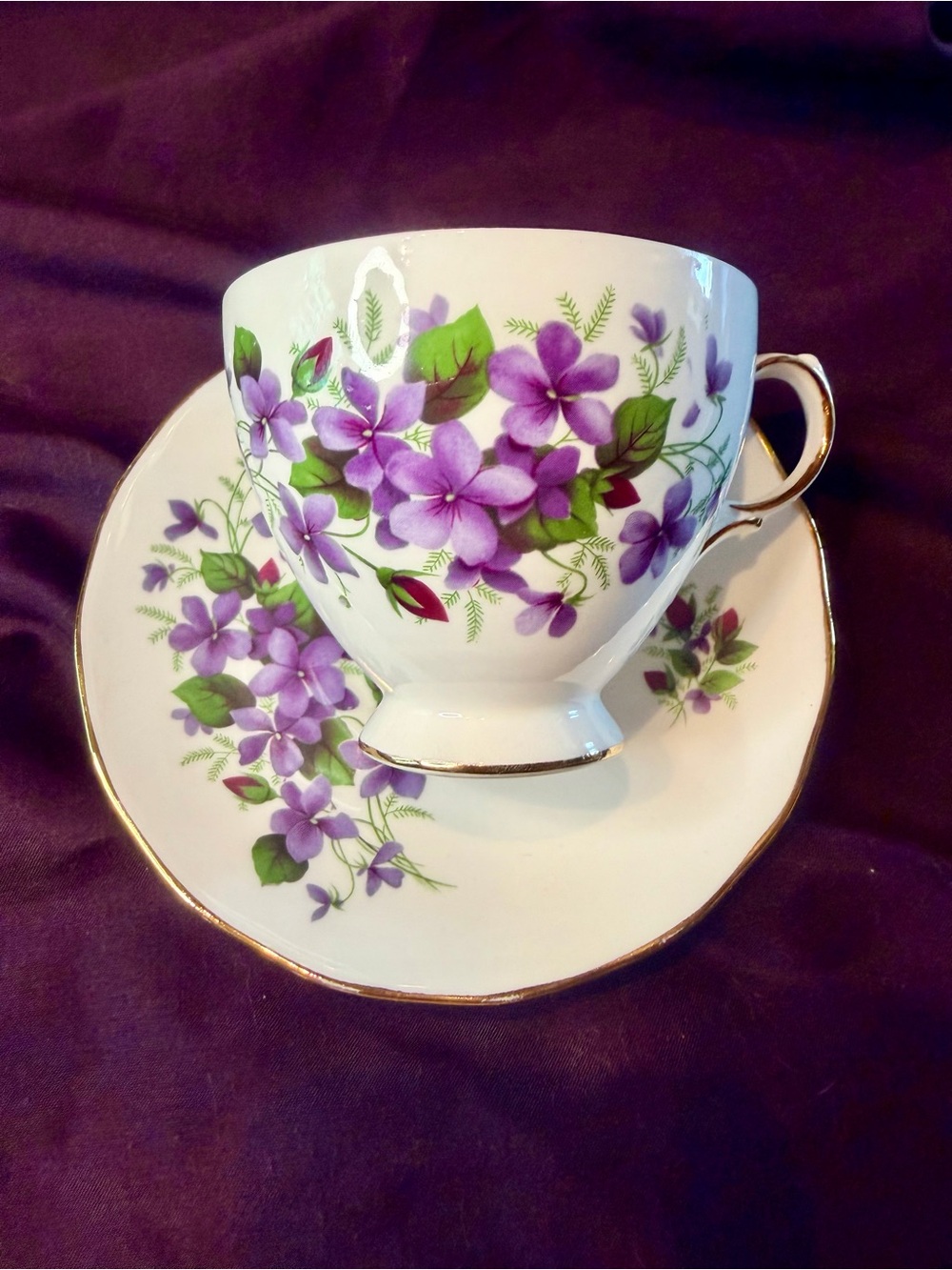 Vintage Queen Anne “Violets” bone china C&S